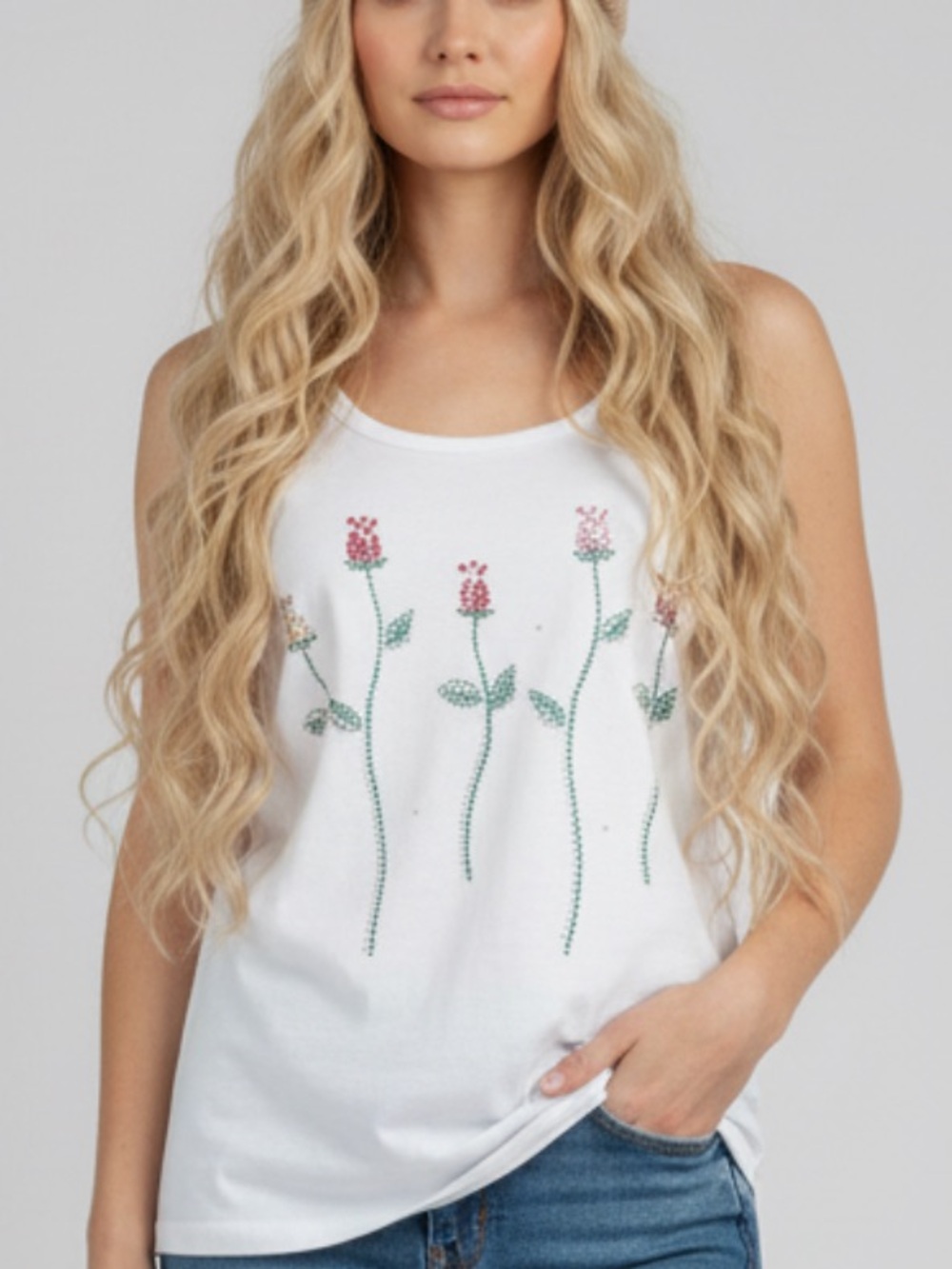 CHRISTINE ALEXANDER 1990’s - White Tank Top with Multicolor Rhinestone Flowers
